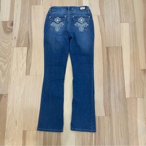 Vintage Earl Jeans Sz S Dark wash blue flare jeans white stitch #flarejeans